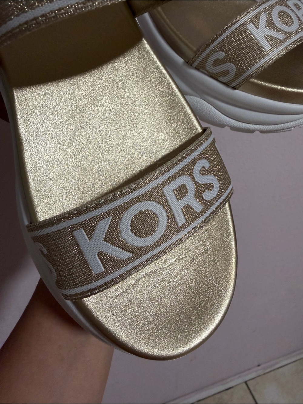Michael Kors Gold Logo Strap Platform Sandals with White Sole - Picture 2 of 7